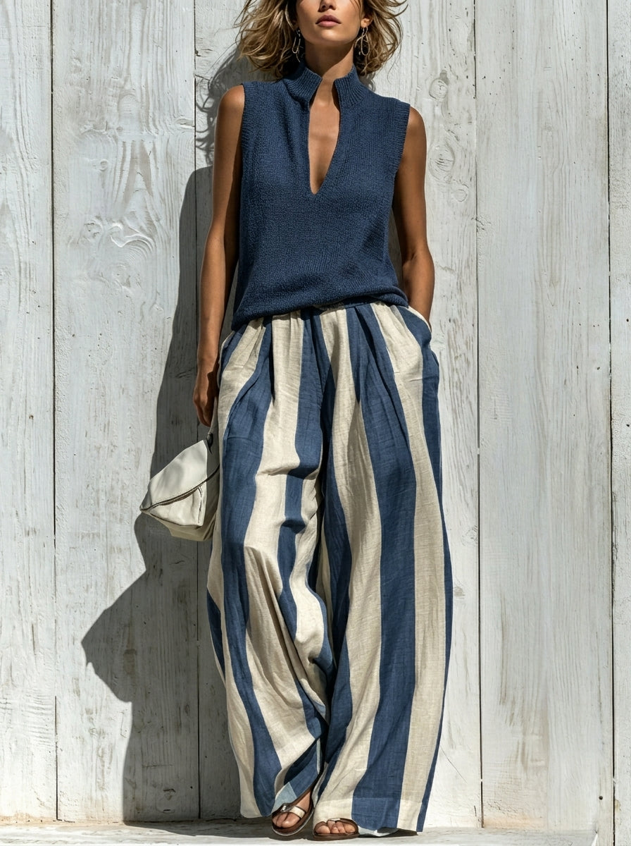 Sofía | Conjunto Elegante de Tela con Caída: Top y Pantalón Palazzo a Rayas