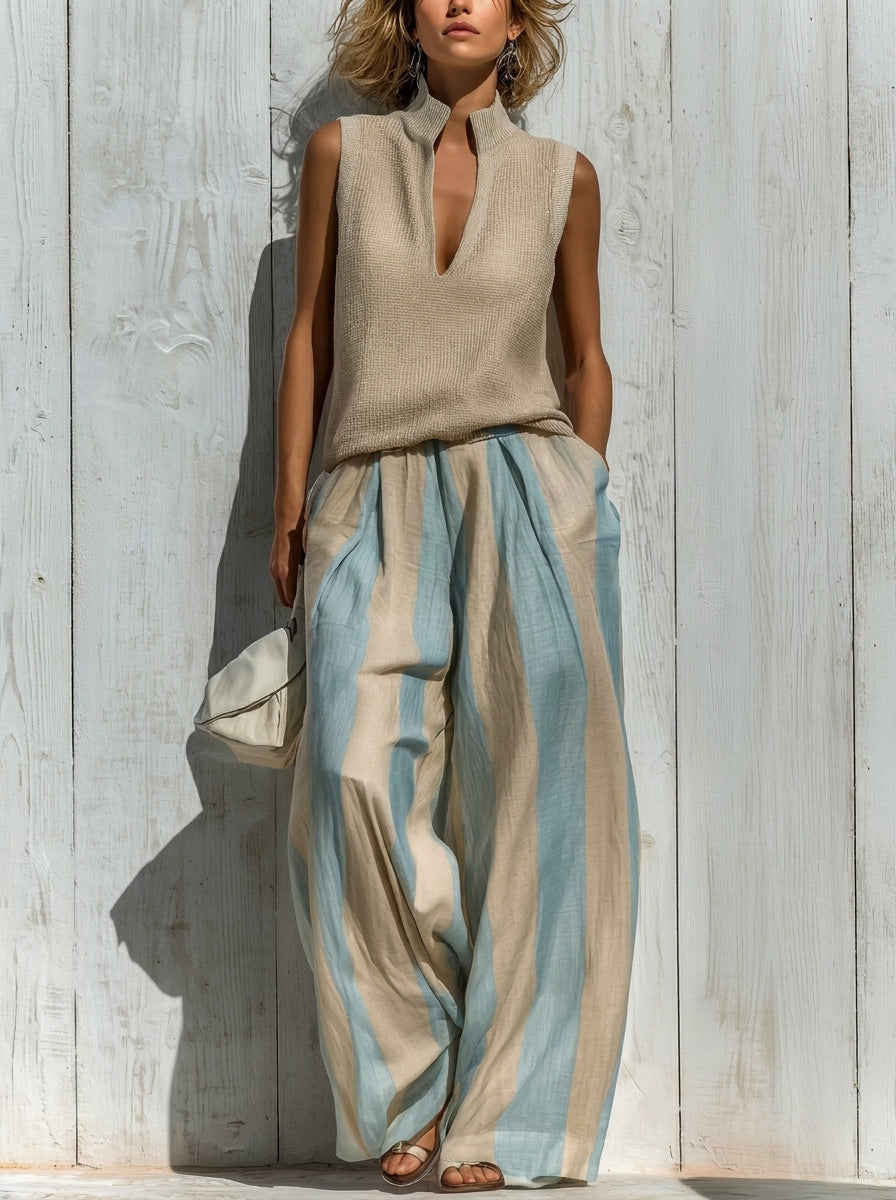 Sofía | Conjunto Elegante de Tela con Caída: Top y Pantalón Palazzo a Rayas