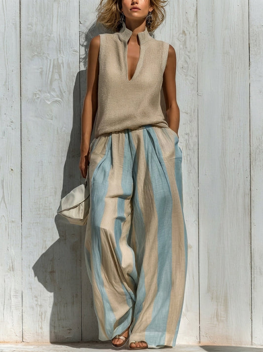 Sofía | Conjunto Elegante de Tela con Caída: Top y Pantalón Palazzo a Rayas