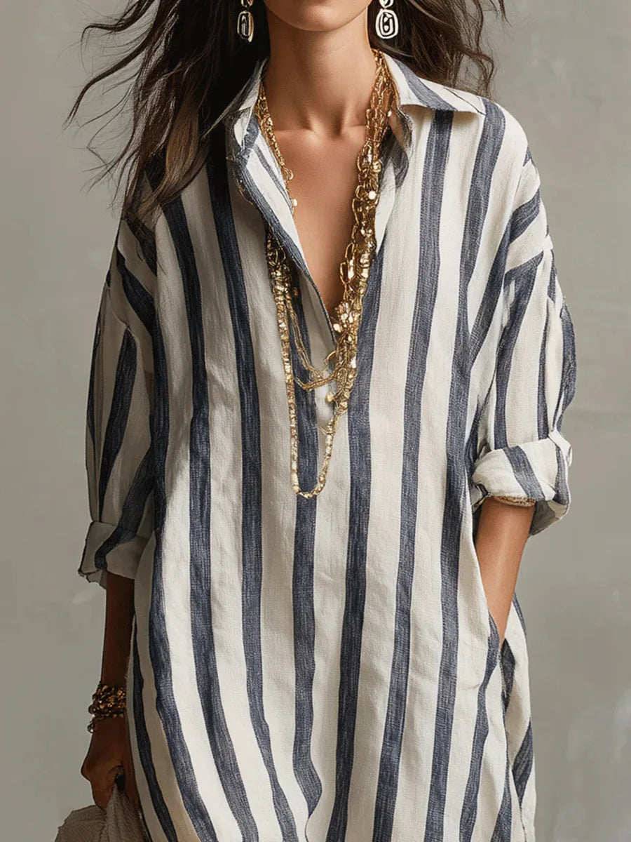 Scout | Vestido Maxi Camisero de Rayas con Manga Larga y Bolsas Laterales