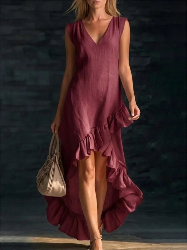 ROWAN | Vestido Maxi sin Mangas con Dobladillo de Olanes