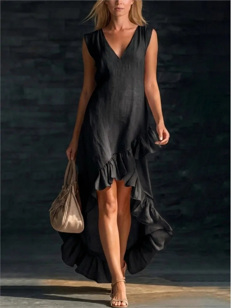 ROWAN | Vestido Maxi sin Mangas con Dobladillo de Olanes