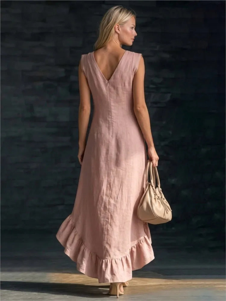 ROWAN | Vestido Maxi sin Mangas con Dobladillo de Olanes