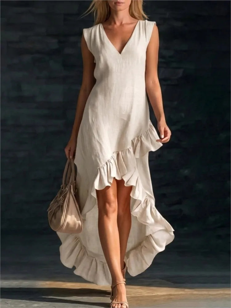 ROWAN | Vestido Maxi sin Mangas con Dobladillo de Olanes