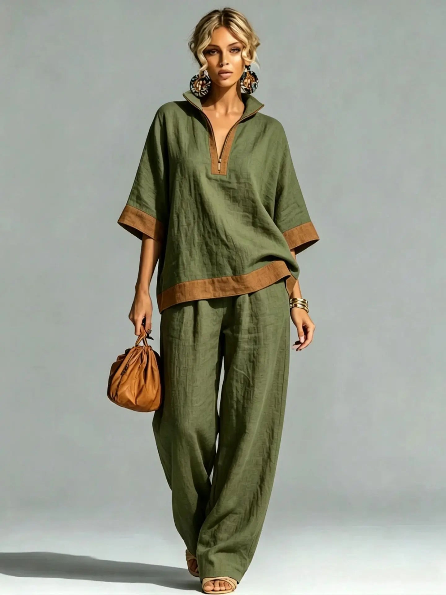 Conjunto Co-ord Estilo Vintage Aspecto Lino para Mujer