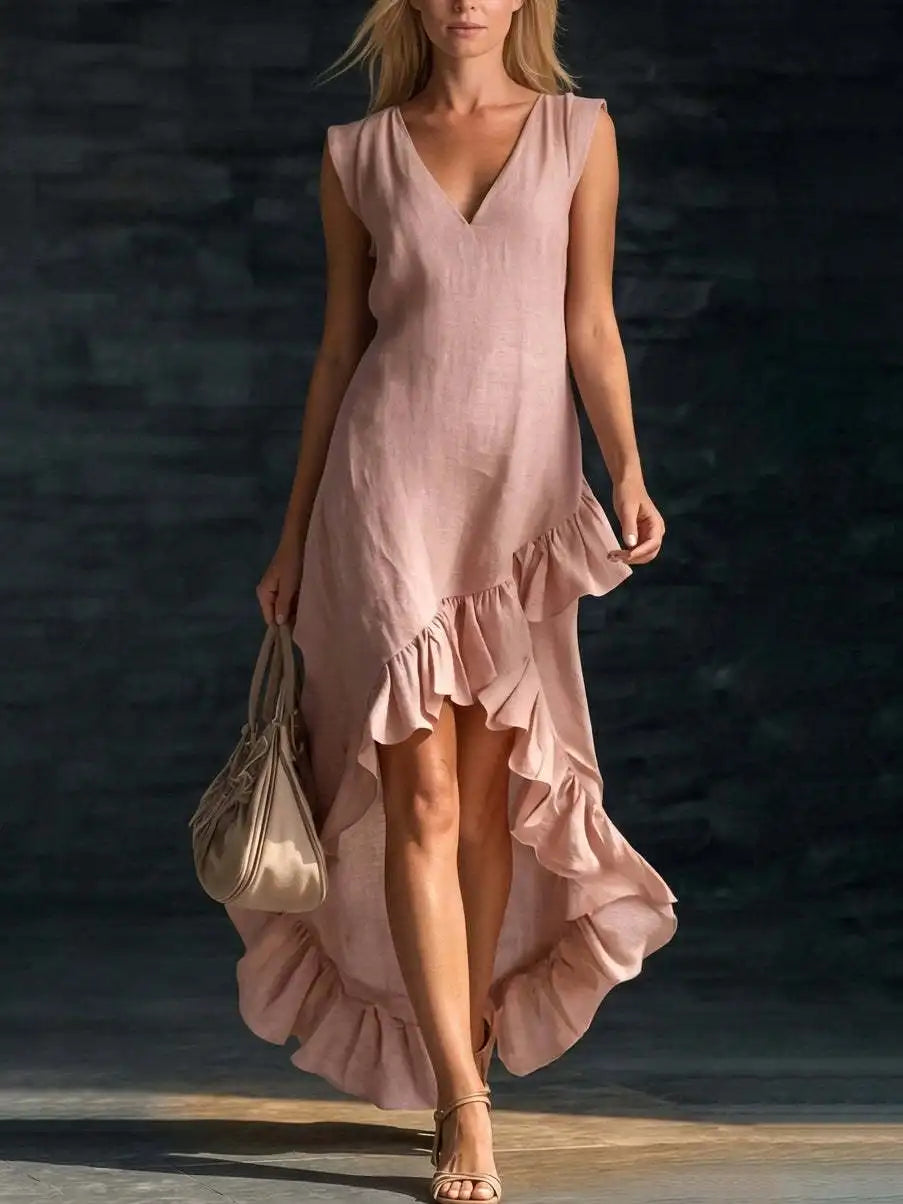 ROWAN | Vestido Maxi sin Mangas con Dobladillo de Olanes