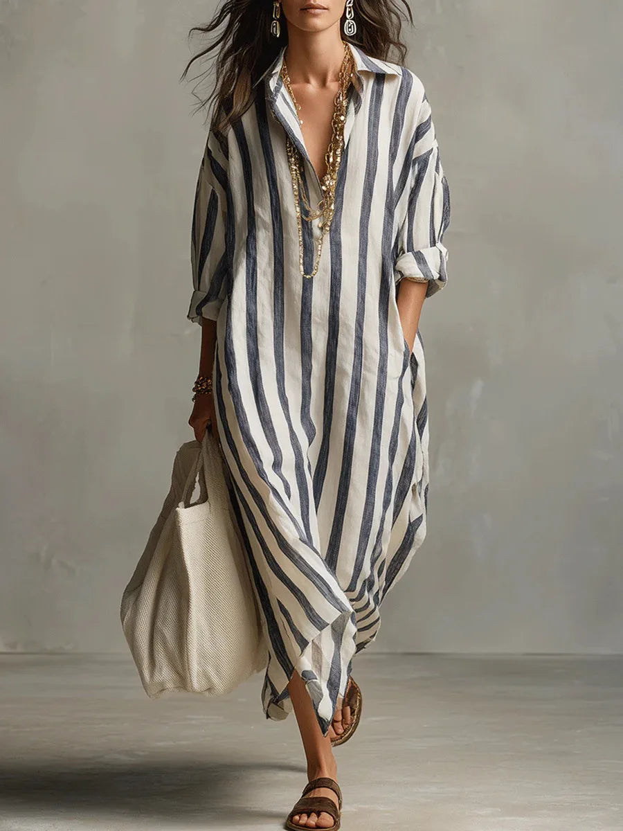Scout | Vestido Maxi Camisero de Rayas con Manga Larga y Bolsas Laterales