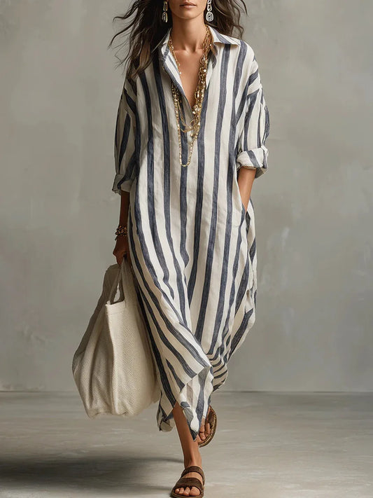 Scout | Vestido Maxi Camisero de Rayas con Manga Larga y Bolsas Laterales