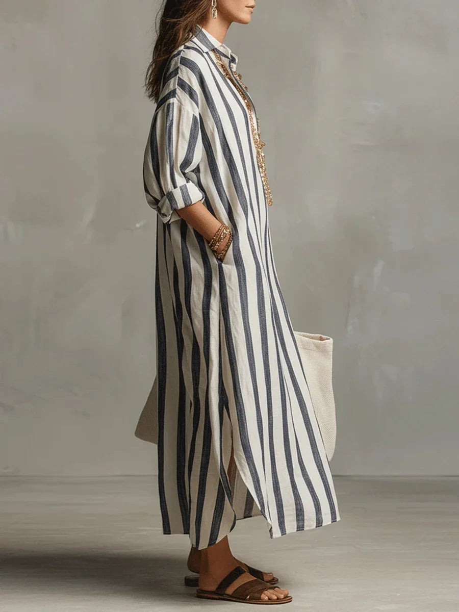 Scout | Vestido Maxi Camisero de Rayas con Manga Larga y Bolsas Laterales