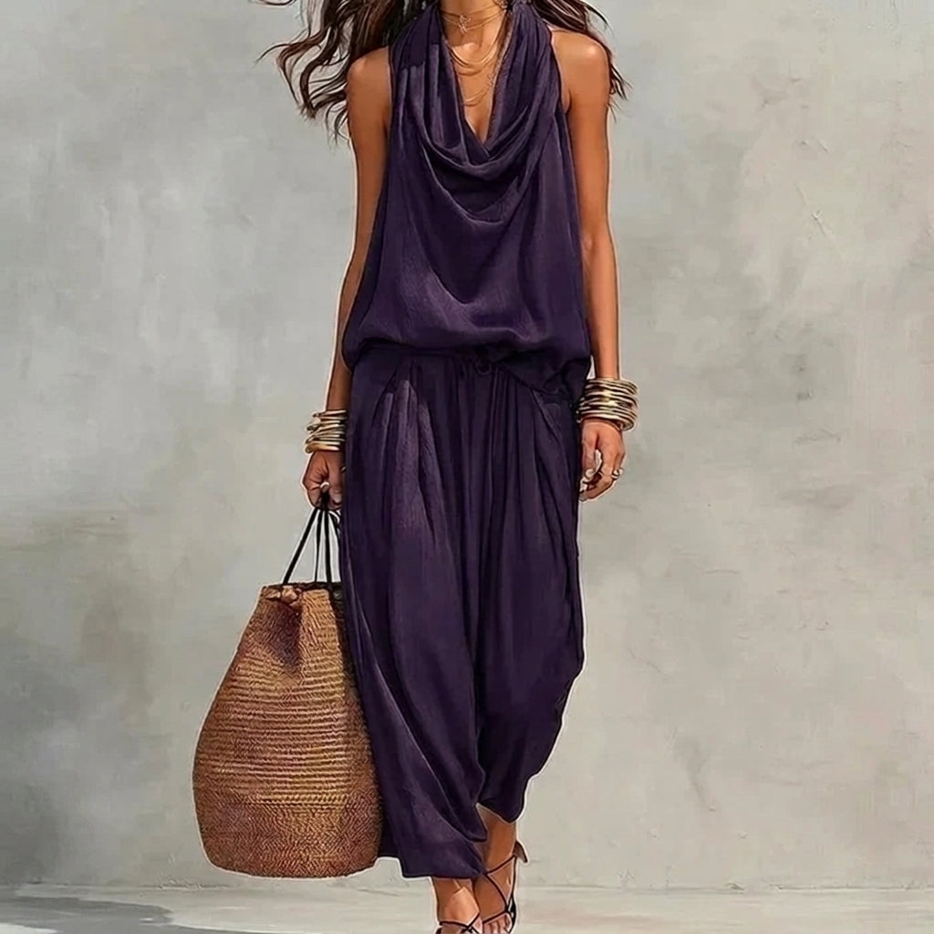 Ambre | Conjunto con Caída de Top Halter Drapeado y Pantalón