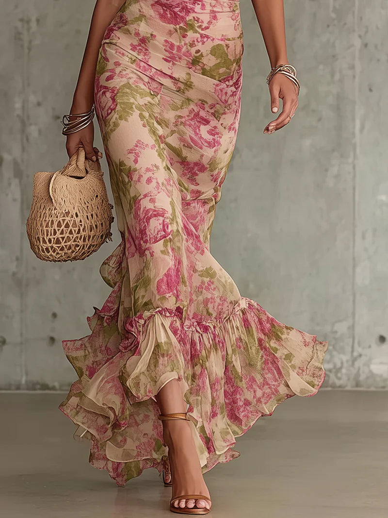 Vestido Maxi con Estampado Rosa Vintage y Mangas Abombadas