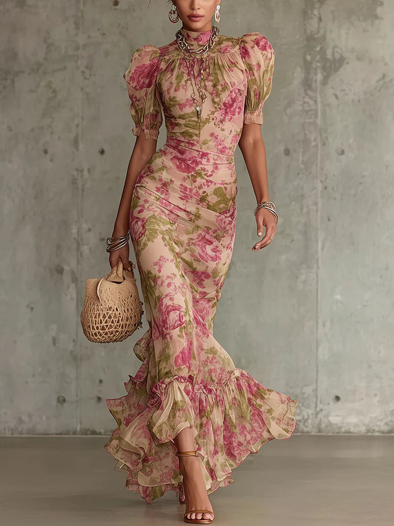 Vestido Maxi con Estampado Rosa Vintage y Mangas Abombadas