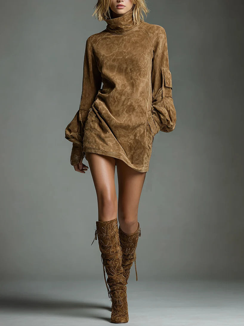 Frida | Minivestido Oversize de Gamuza con Cuello Alto