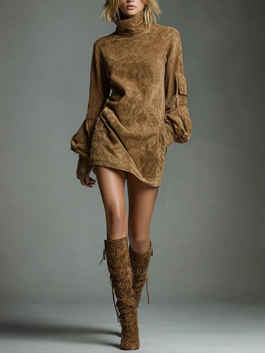 Frida | Minivestido Oversize de Gamuza con Cuello Alto