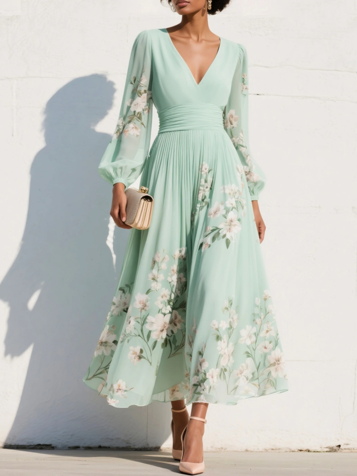 Celia | Vestido Midi Floral Verde Claro
