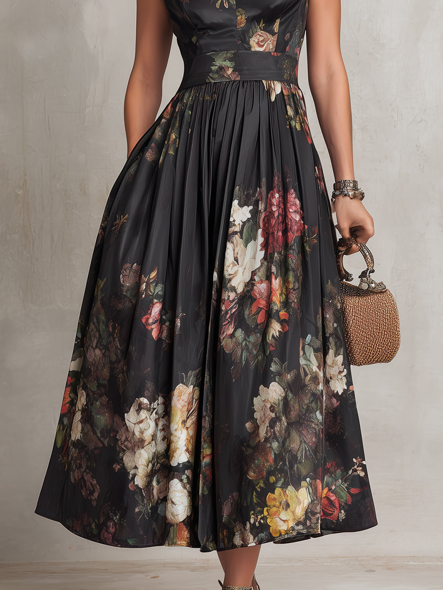 Vestido Midi de Satín Plisado con Escote Ojo de Cerradura Negro