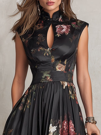 Vestido Midi de Satín Plisado con Escote Ojo de Cerradura Negro