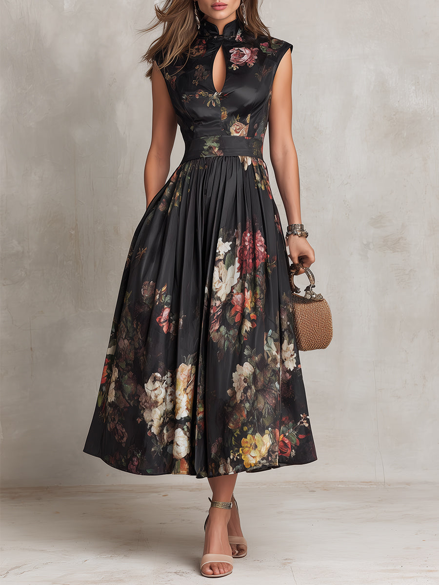 Vestido Midi de Satín Plisado con Escote Ojo de Cerradura Negro