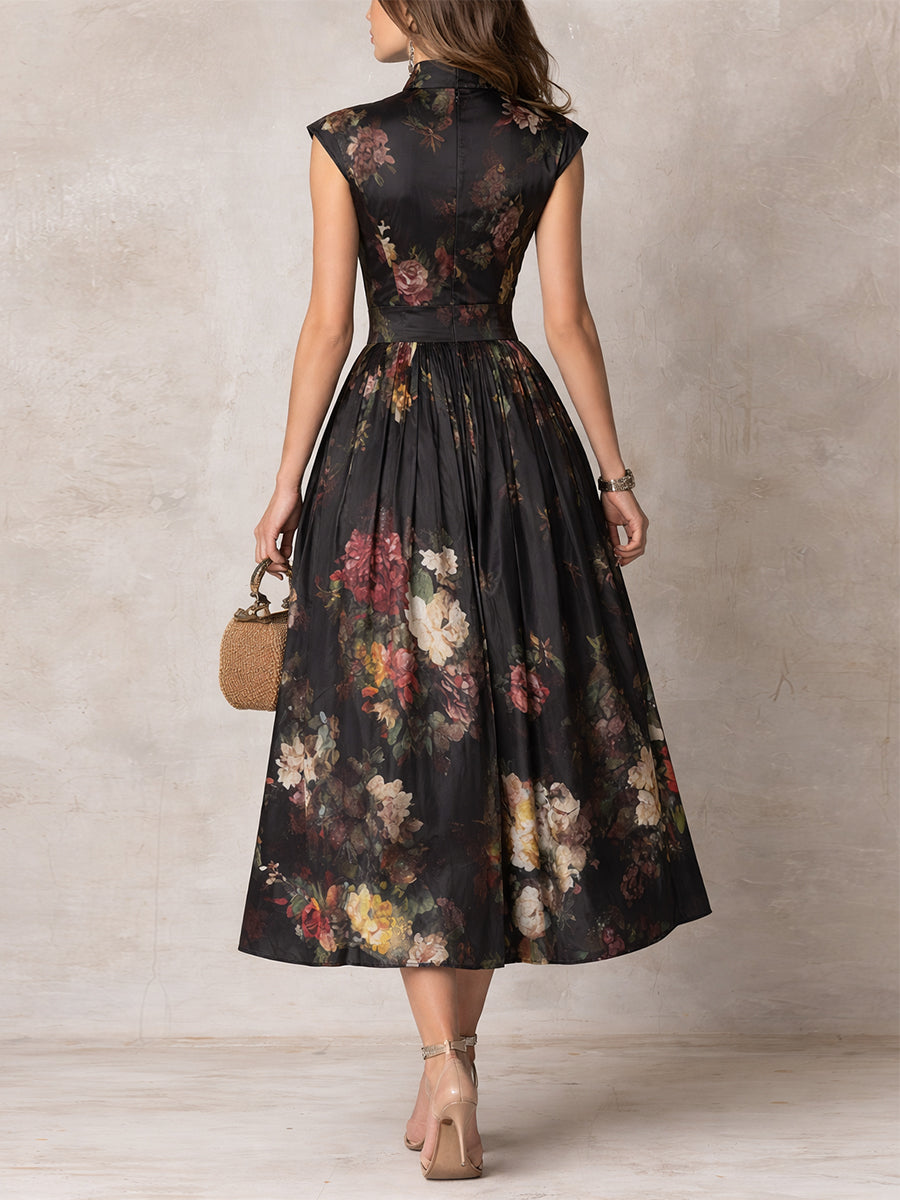 Vestido Midi de Satín Plisado con Escote Ojo de Cerradura Negro