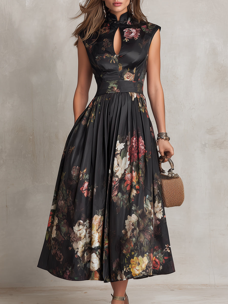 Vestido Midi de Satín Plisado con Escote Ojo de Cerradura Negro