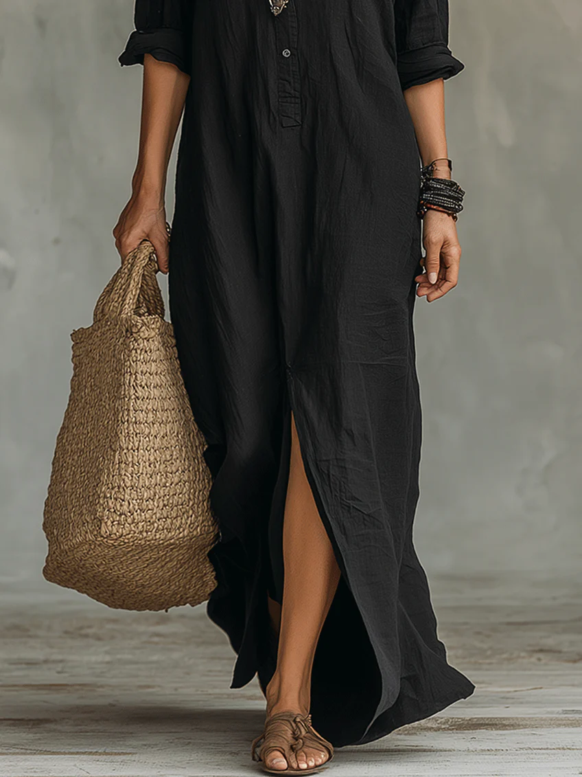 Alessia – Vestido Maxi Negro Suave con Botones