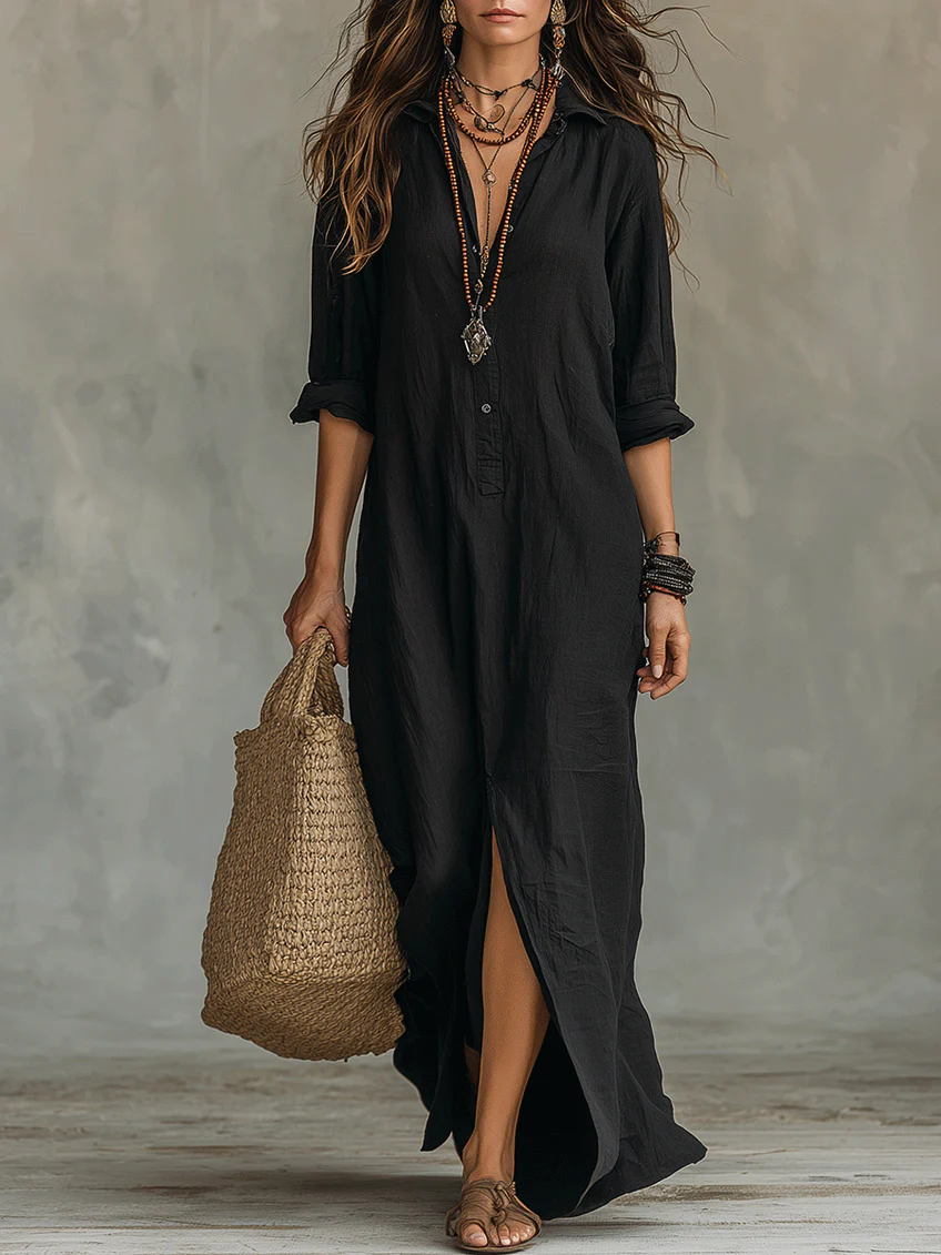 Alessia – Vestido Maxi Negro Suave con Botones