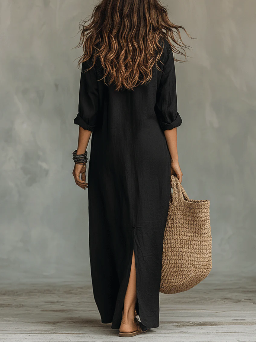 Alessia – Vestido Maxi Negro Suave con Botones