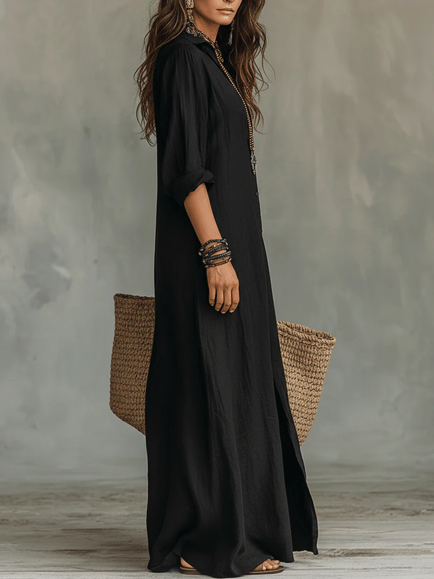 Alessia – Vestido Maxi Negro Suave con Botones