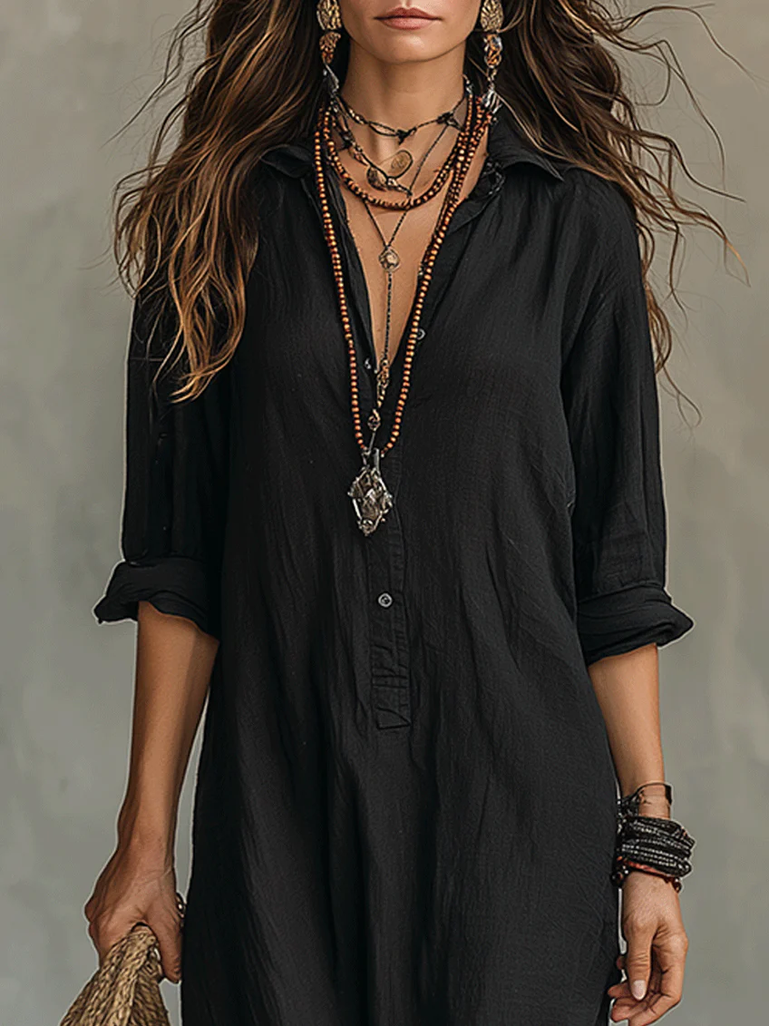 Alessia – Vestido Maxi Negro Suave con Botones