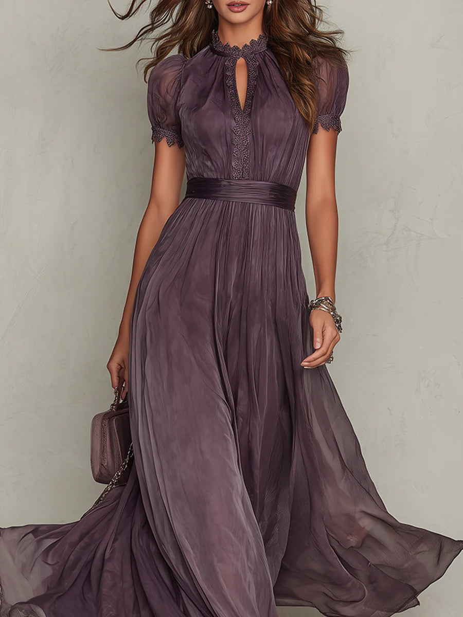 Vestido Maxi de Chiffon con Cuello con Abertura Morado