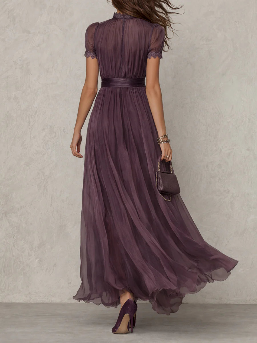 Vestido Maxi de Chiffon con Cuello con Abertura Morado