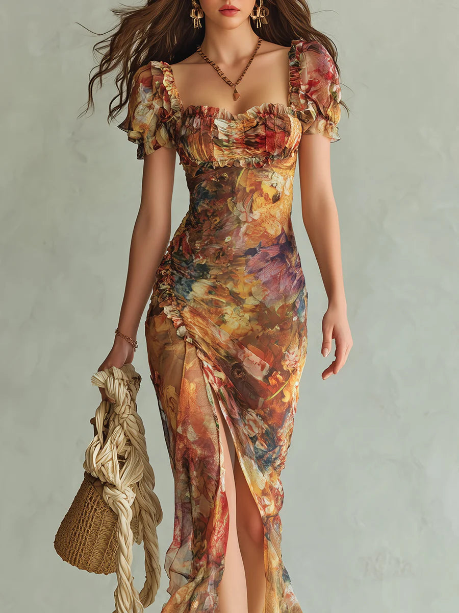 Vestido Maxi de Chiffon Naranja con Estampado Tipo Óleo