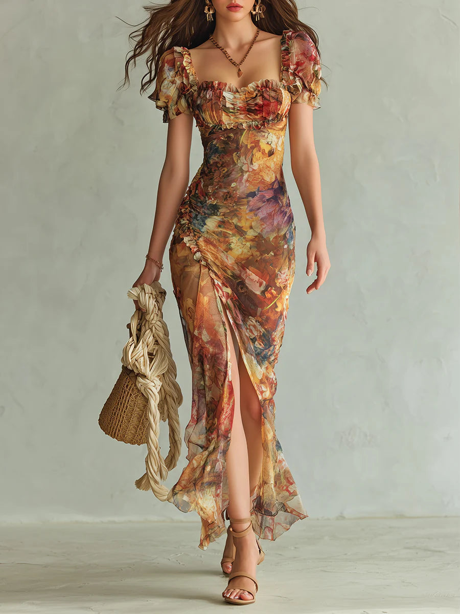 Vestido Maxi de Chiffon Naranja con Estampado Tipo Óleo