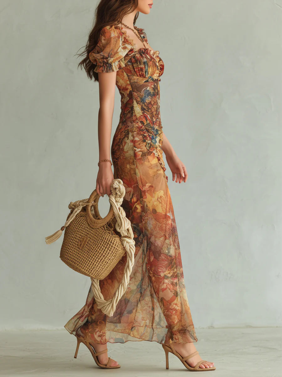 Vestido Maxi de Chiffon Naranja con Estampado Tipo Óleo