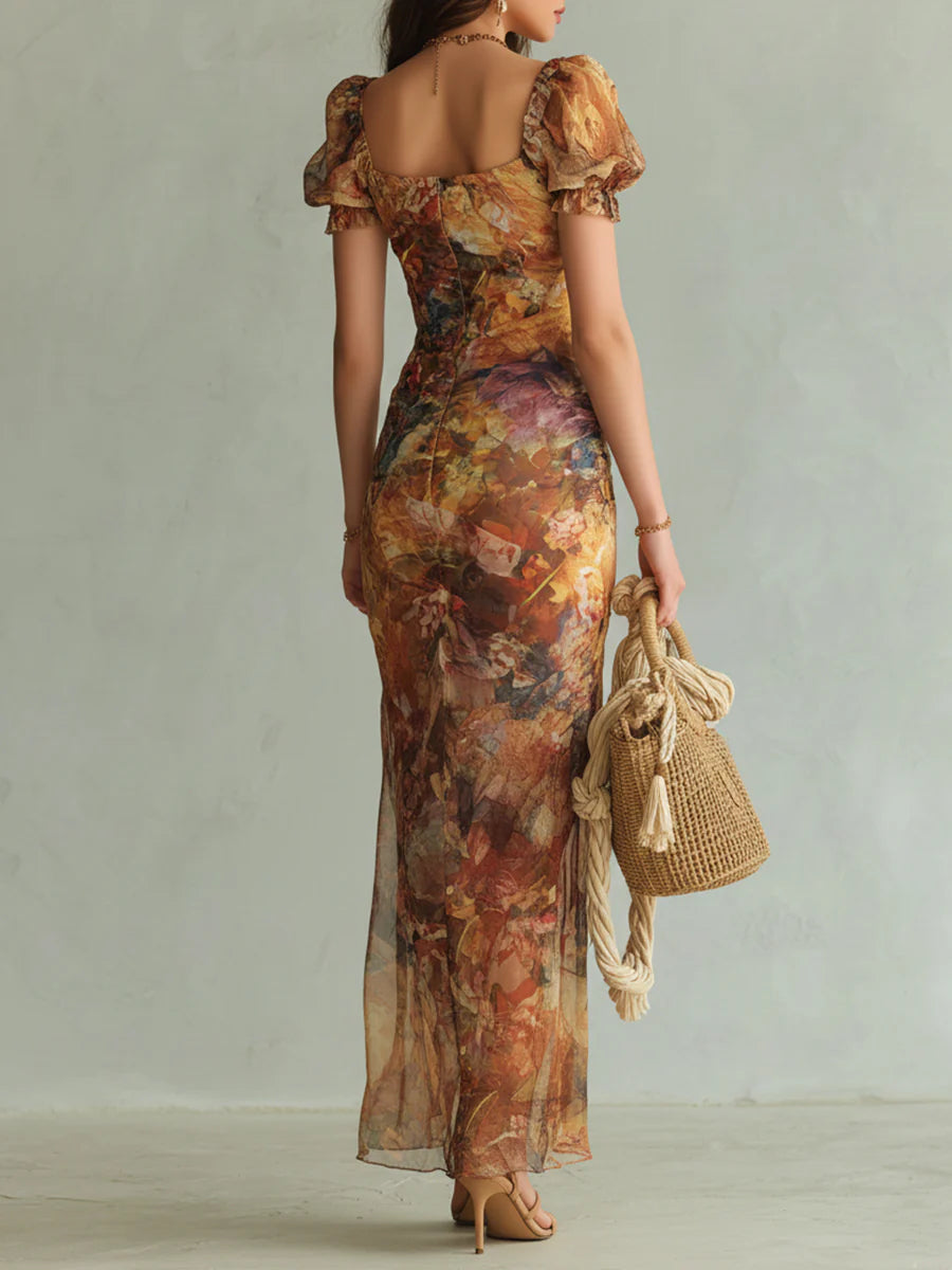 Vestido Maxi de Chiffon Naranja con Estampado Tipo Óleo