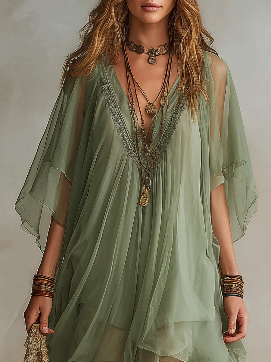 Vestido Mini Vaporoso de Chiffon Verde con Escote en V