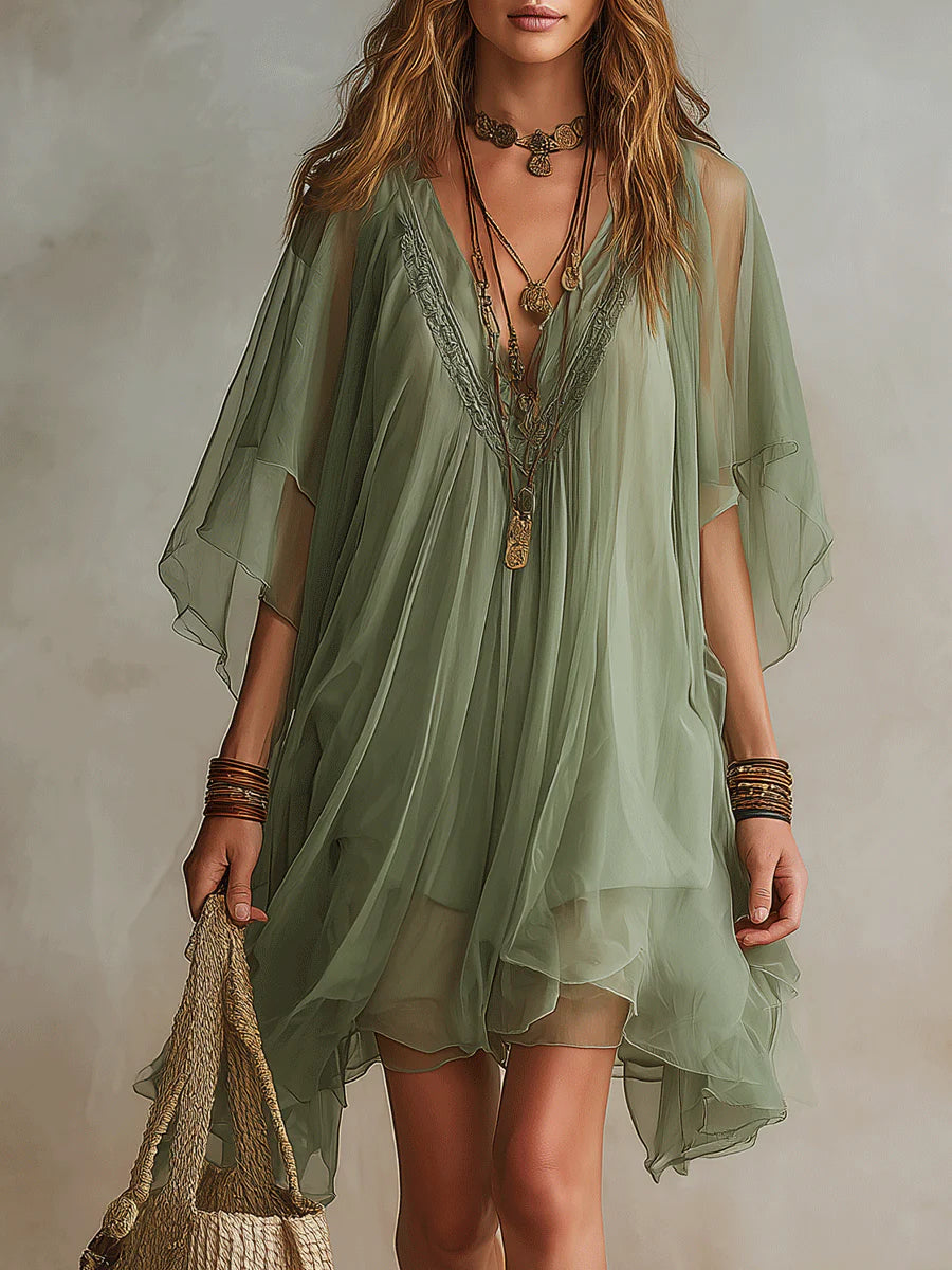 Vestido Mini Vaporoso de Chiffon Verde con Escote en V