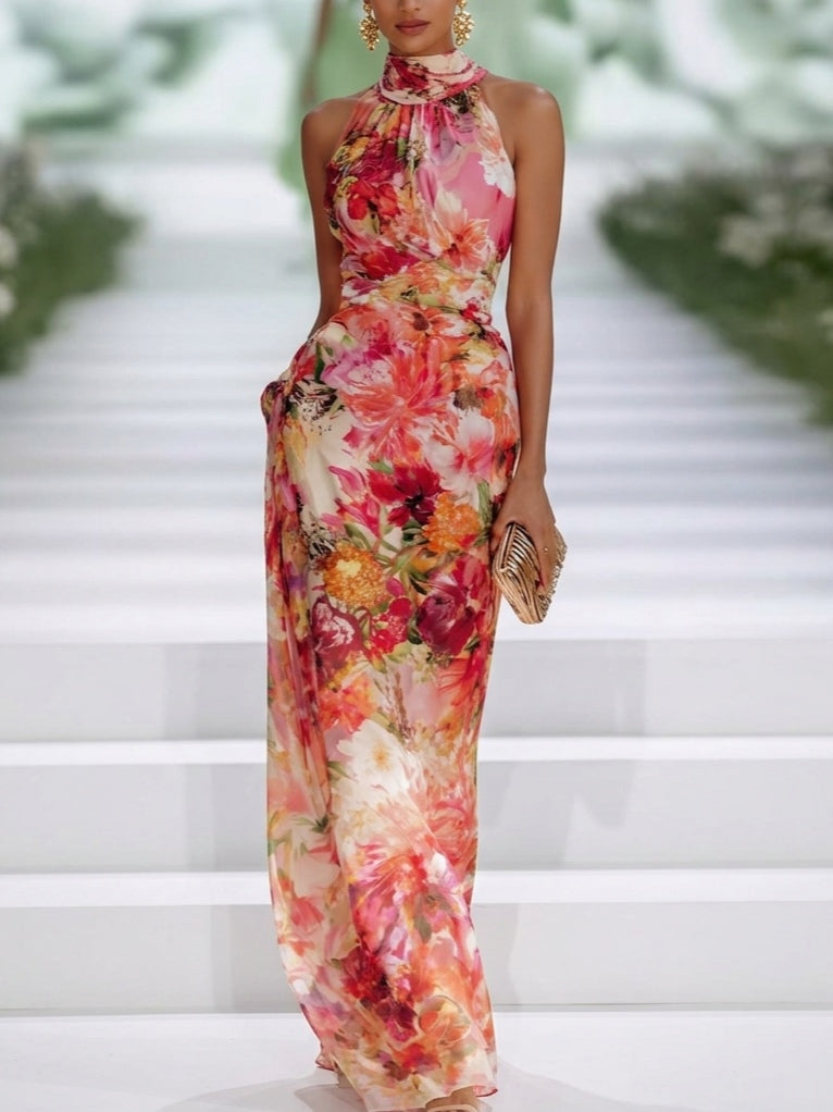 Vestido Maxi de Chiffon Rojo con Escote Halter