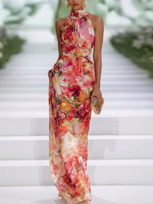 Vestido Maxi de Chiffon Rojo con Escote Halter