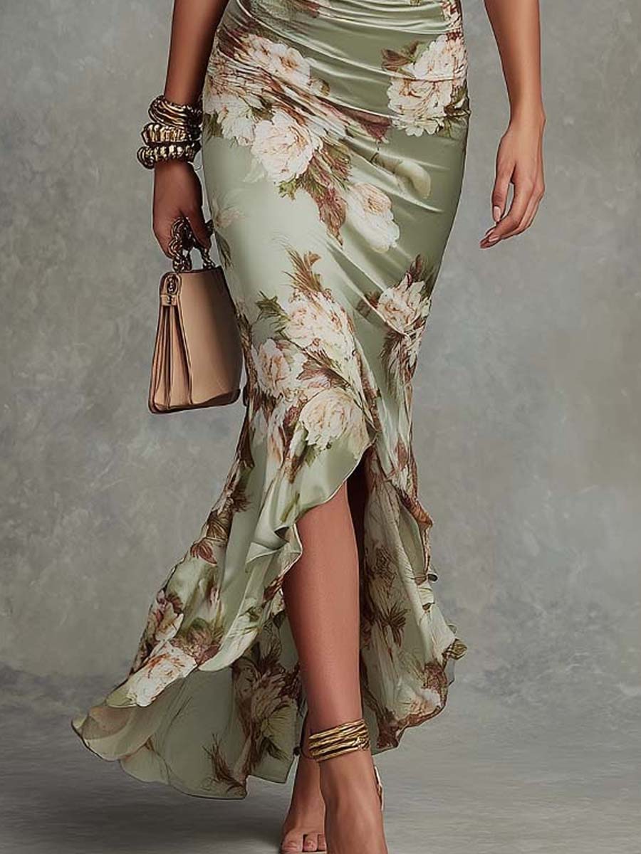 Vestido Maxi Asimétrico de Satín Verde Floral