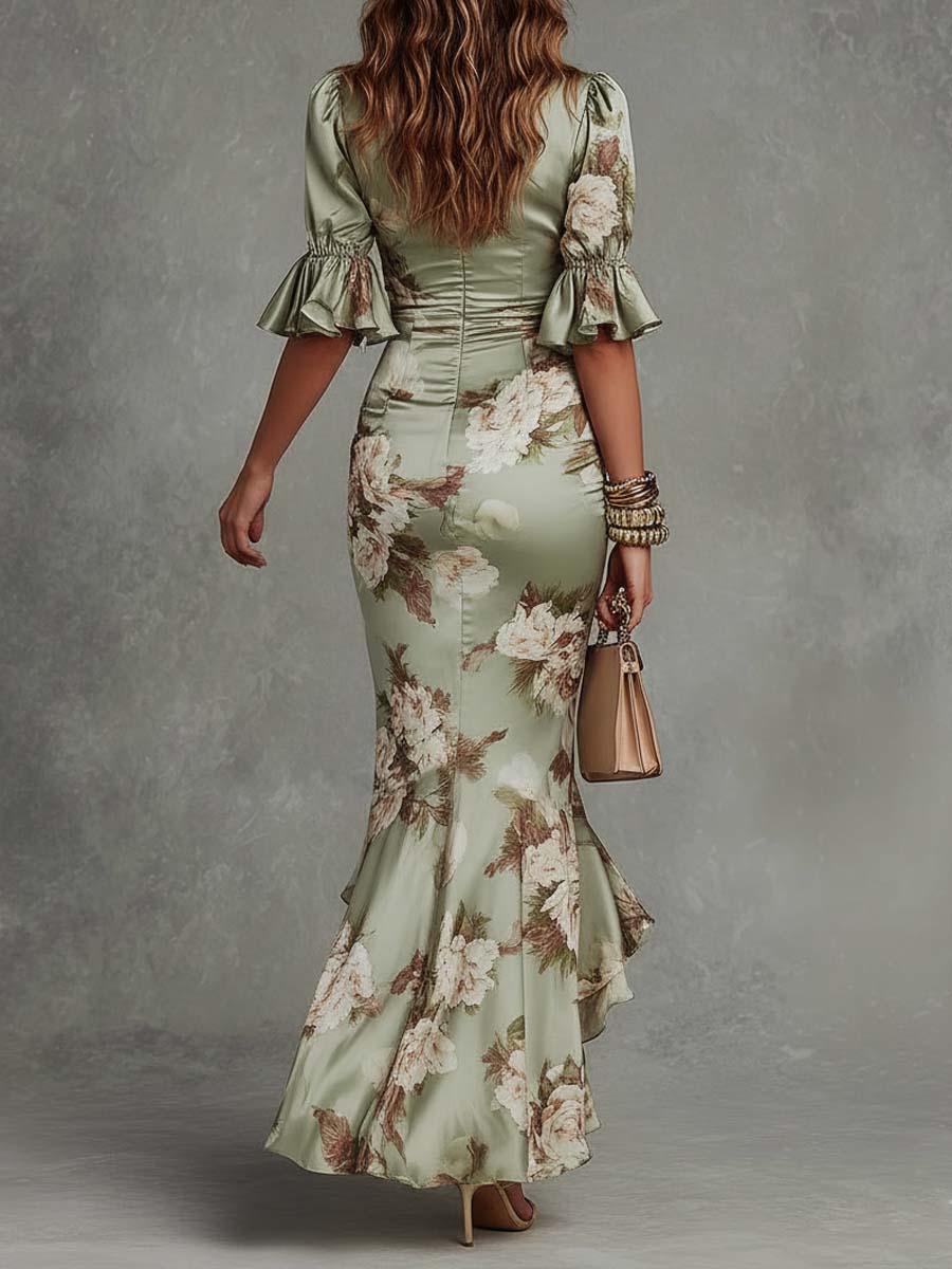 Vestido Maxi Asimétrico de Satín Verde Floral