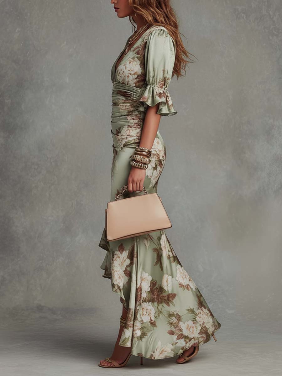 Vestido Maxi Asimétrico de Satín Verde Floral