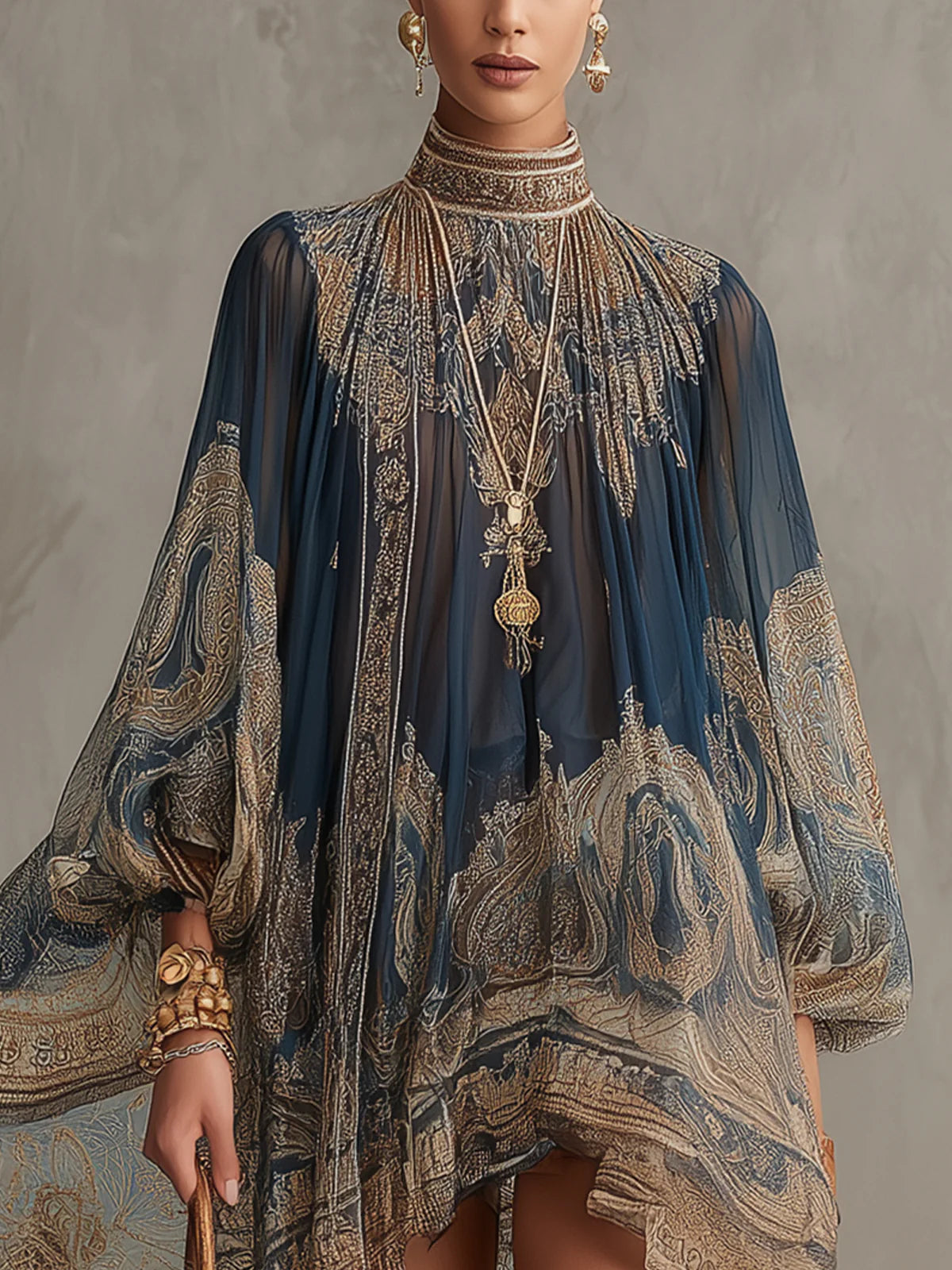 Vestido Mini de Chiffon con Estampado Barroco Azul Marino