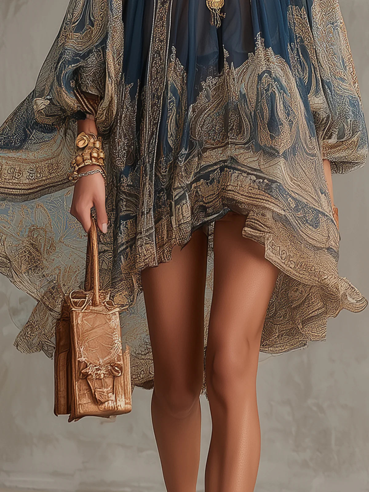 Vestido Mini de Chiffon con Estampado Barroco Azul Marino