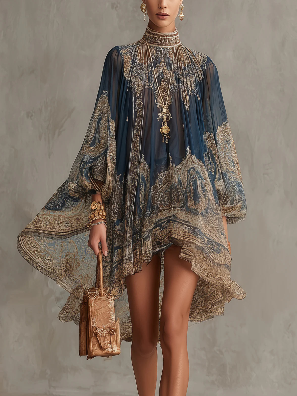 Vestido Mini de Chiffon con Estampado Barroco Azul Marino