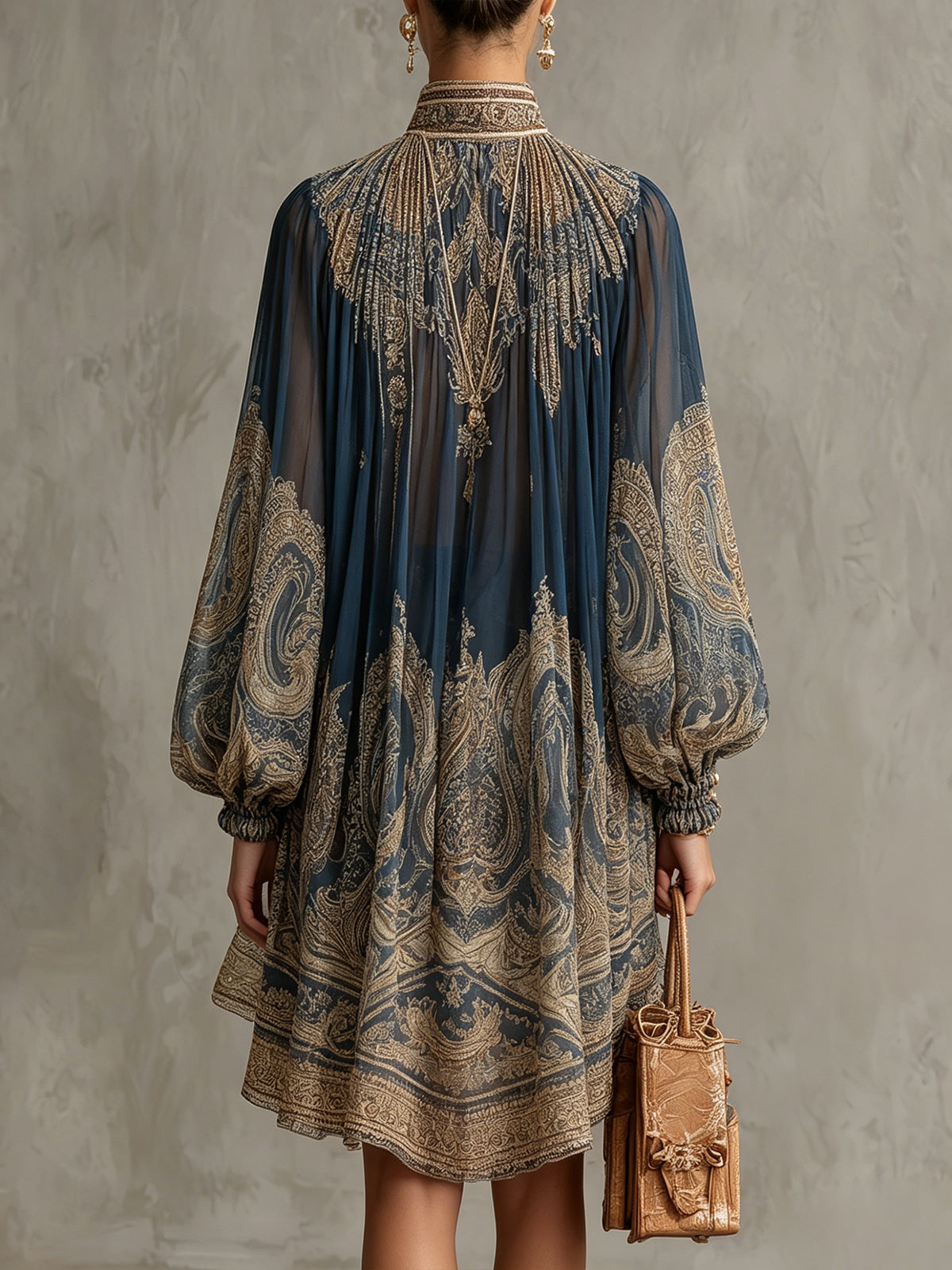 Vestido Mini de Chiffon con Estampado Barroco Azul Marino