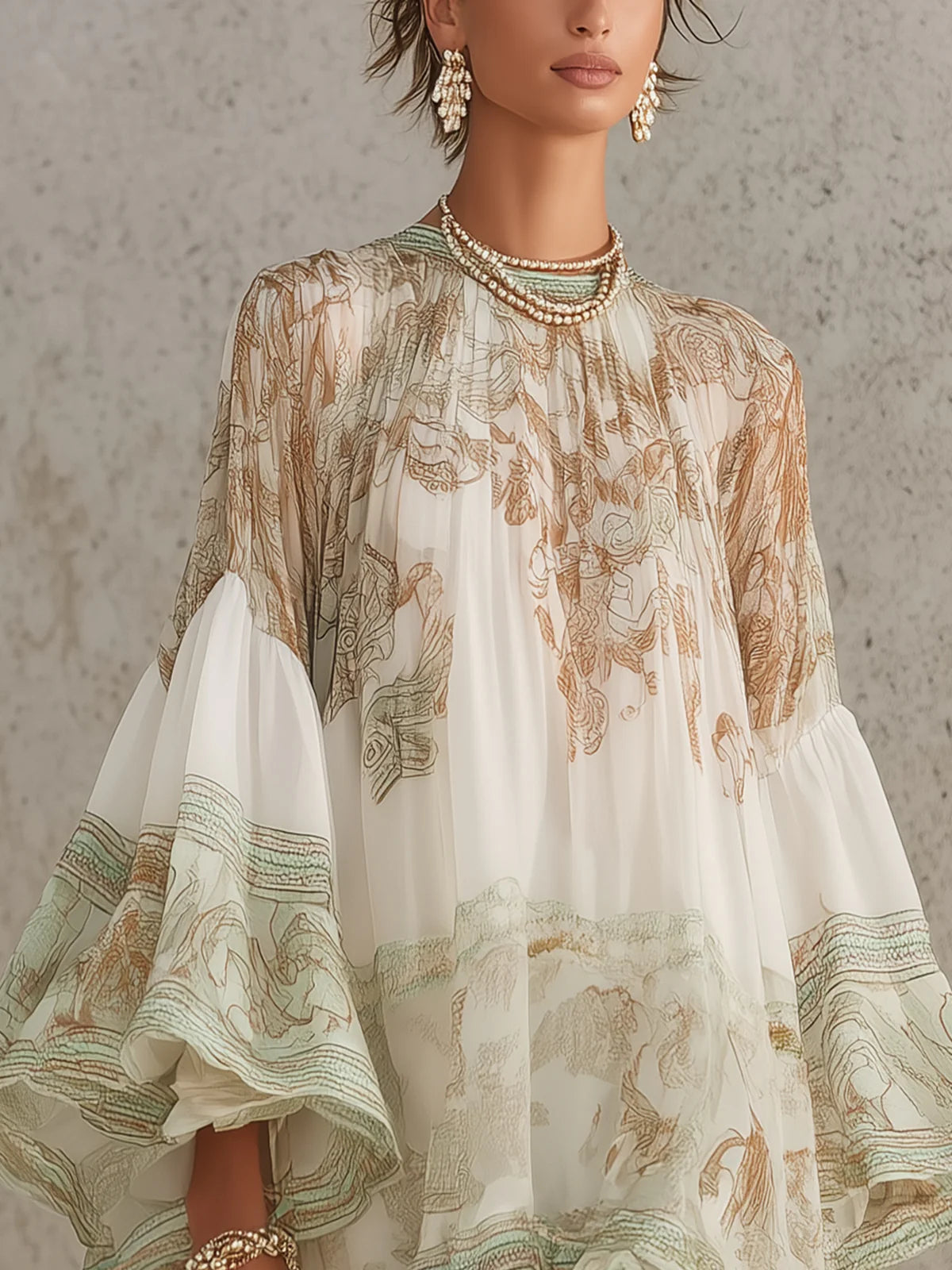 Vestido Mini de Chiffon a Rayas con Mangas de Volante Verde