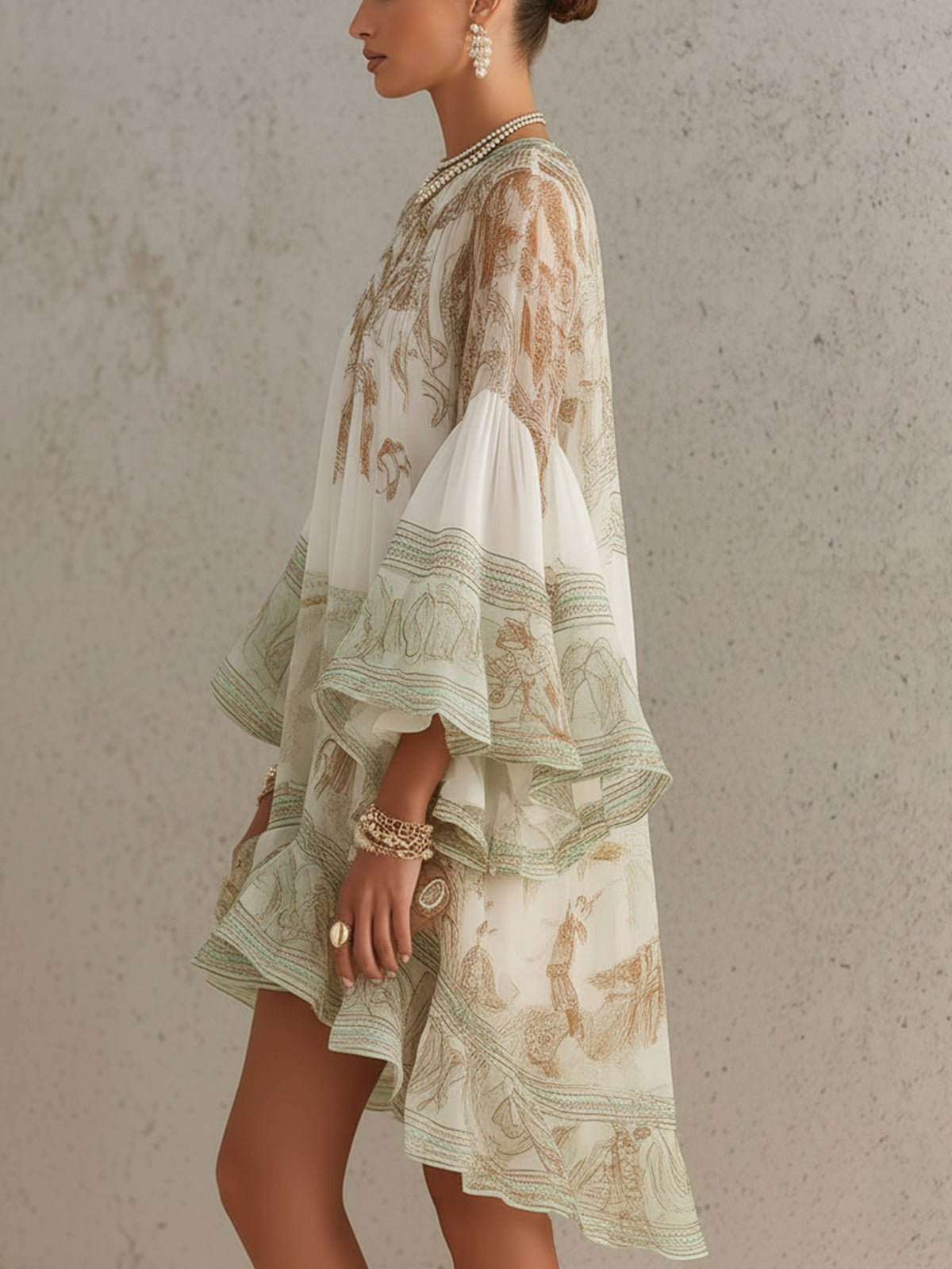 Vestido Mini de Chiffon a Rayas con Mangas de Volante Verde