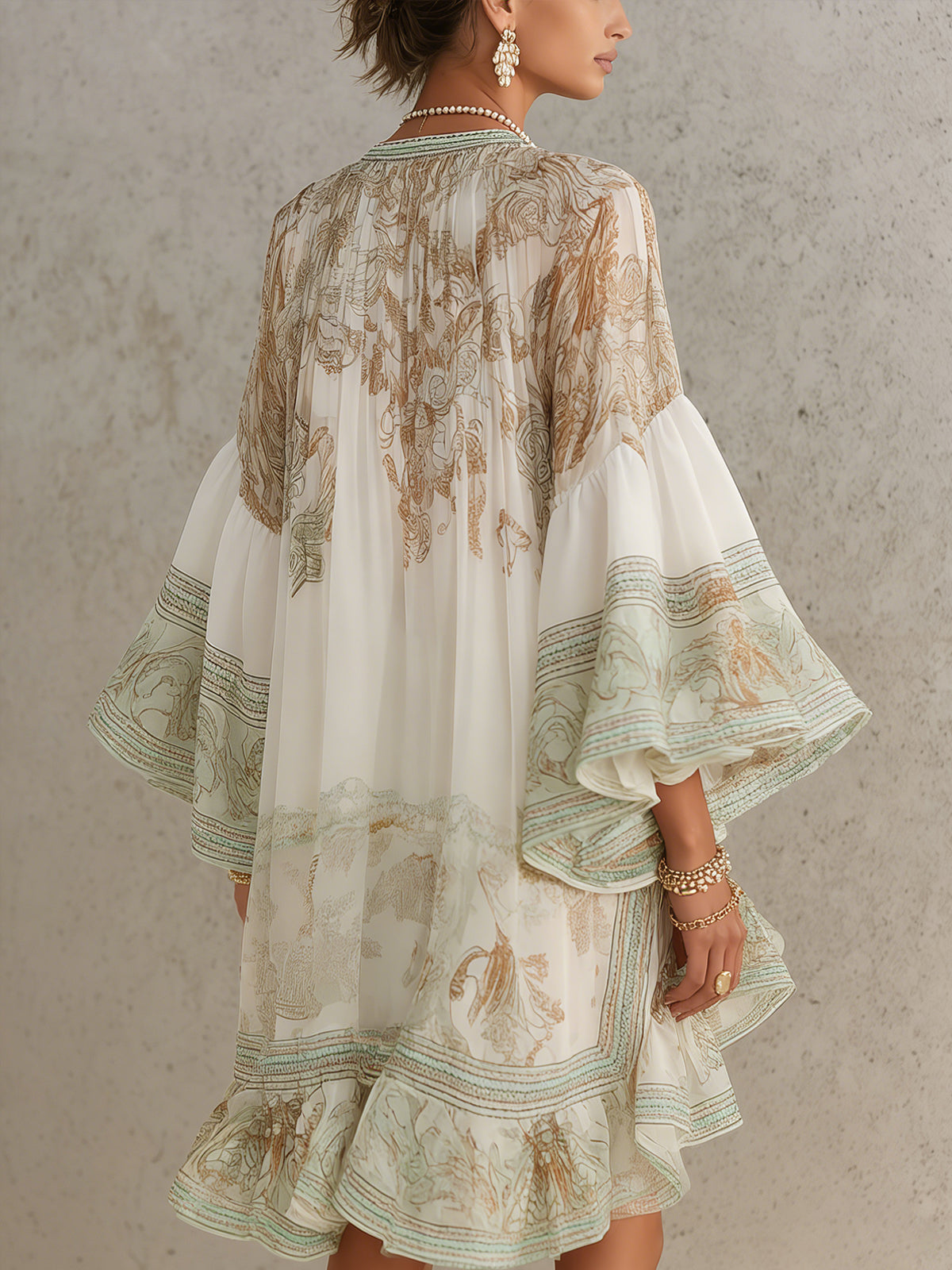 Vestido Mini de Chiffon a Rayas con Mangas de Volante Verde
