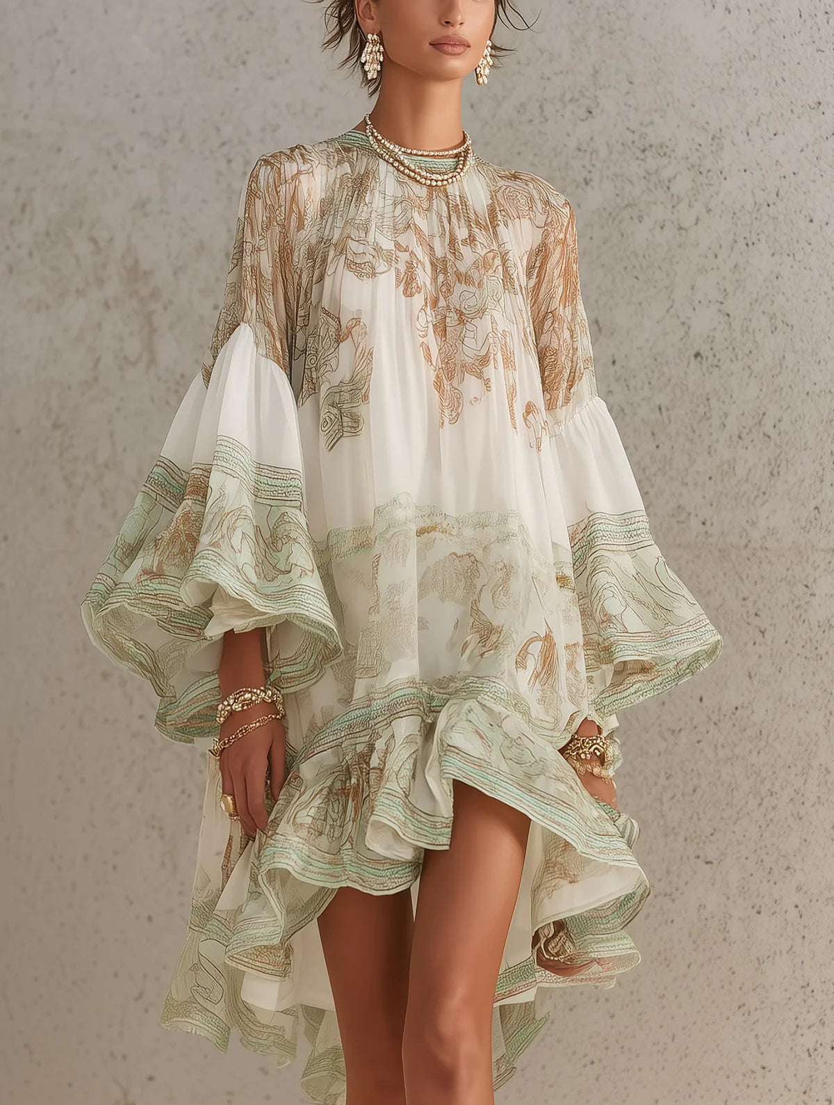 Vestido Mini de Chiffon a Rayas con Mangas de Volante Verde